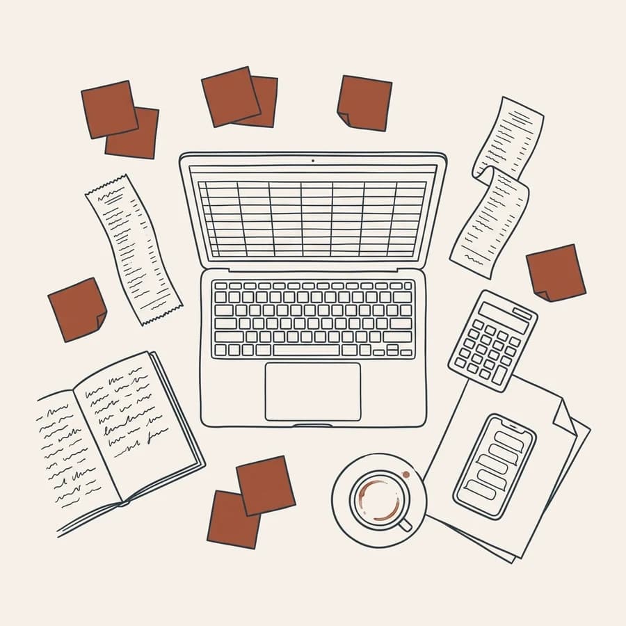Overhead view of a desk covered in sticky notes, receipts, a handwritten notebook, a calculator and a phone, with a spreadsheet open on the laptop