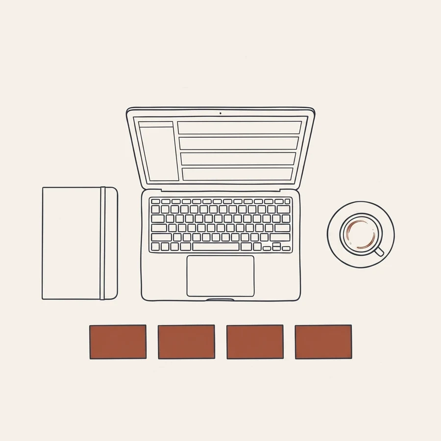The same desk, cleared: the laptop now shows a structured layout, with a closed notebook and four evenly spaced cards